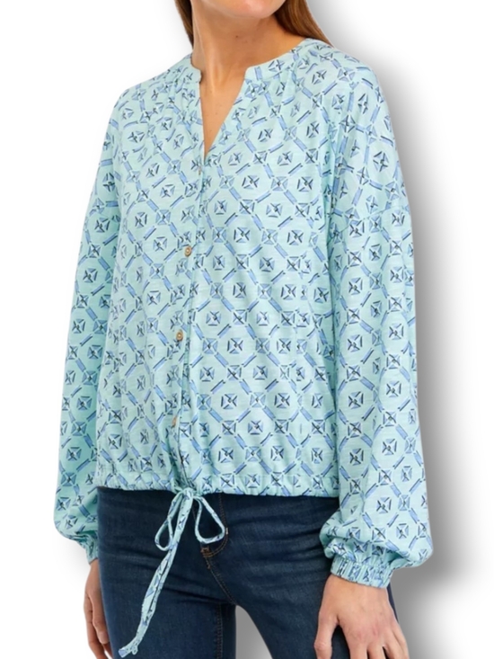 Waverly Tops - Wonderly Light Blue Geometric Tile Print Long Sleeve Tie Hem Blouse - Size Large